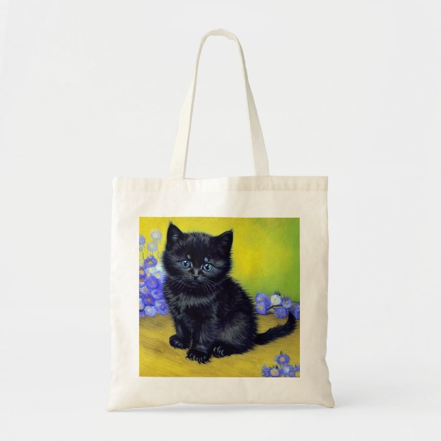 Van Gogh Black Cat Purple Flowers Tote Bag (Front)