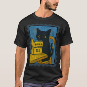 Van Gogh Black Cat Reading Human Manipulation Fun T-Shirt