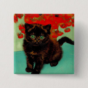Van Gogh Black Cat Red Flowers 15 Cm Square Badge