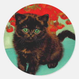 Van Gogh Black Cat Red Flowers Classic Round Sticker
