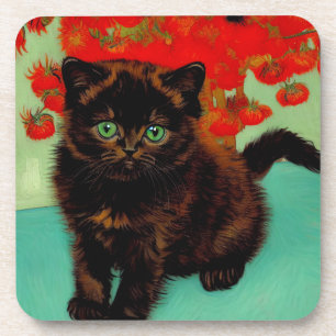 Van Gogh Black Cat Red Flowers Coaster