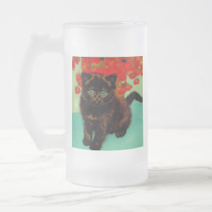 Van Gogh Black Cat Red Flowers Frosted Glass Beer Mug