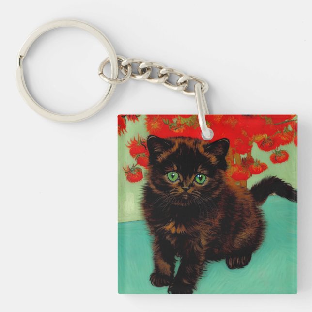 Van Gogh Black Cat Red Flowers Key Ring (Front)