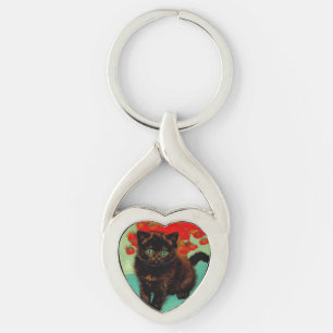 Van Gogh Black Cat Red Flowers Key Ring