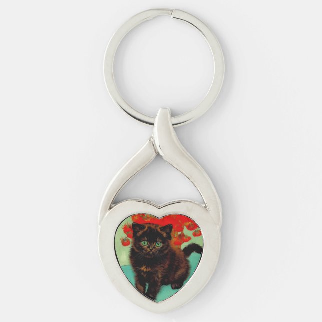 Van Gogh Black Cat Red Flowers Key Ring (Front)