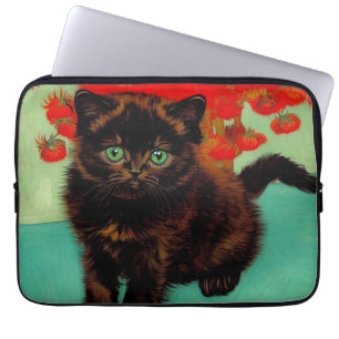 Van Gogh Black Cat Red Flowers Laptop Sleeve