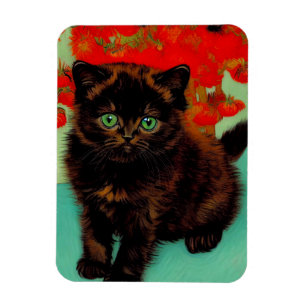 Van Gogh Black Cat Red Flowers Magnet