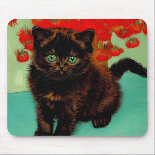 Van Gogh Black Cat Red Flowers Mouse Mat