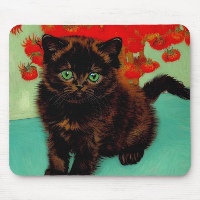 Van Gogh Black Cat Red Flowers Mouse Mat (Front)