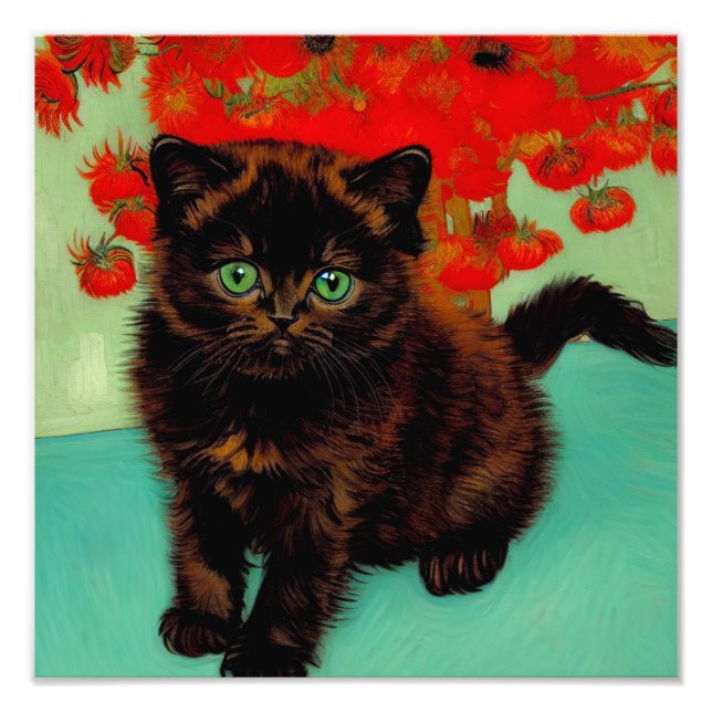 Van Gogh Black Cat Red Flowers Photo Print (Front)