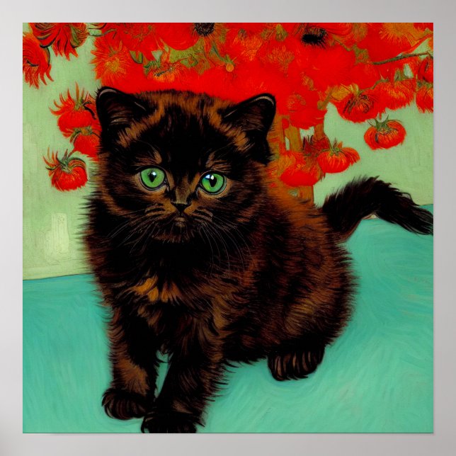 Van Gogh Black Cat Red Flowers Poster (Front)