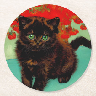 Van Gogh Black Cat Red Flowers Round Paper Coaster