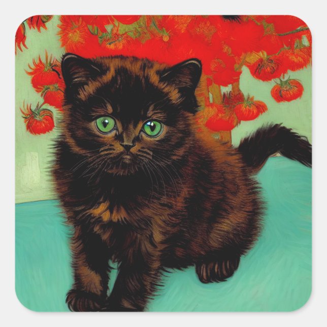 Van Gogh Black Cat Red Flowers Square Sticker (Front)