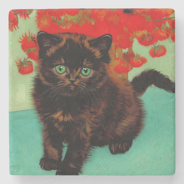 Van Gogh Black Cat Red Flowers Stone Coaster (Front)