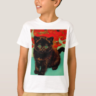 Van Gogh Black Cat Red Flowers T-Shirt