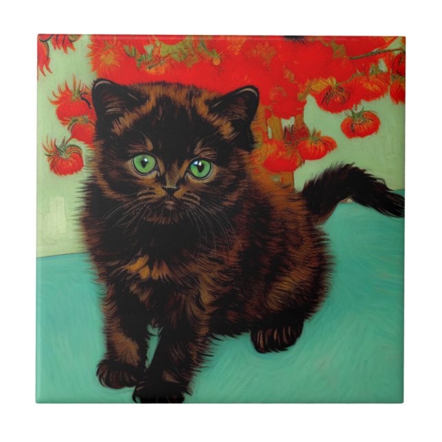 Van Gogh Black Cat Red Flowers Tile (Front)