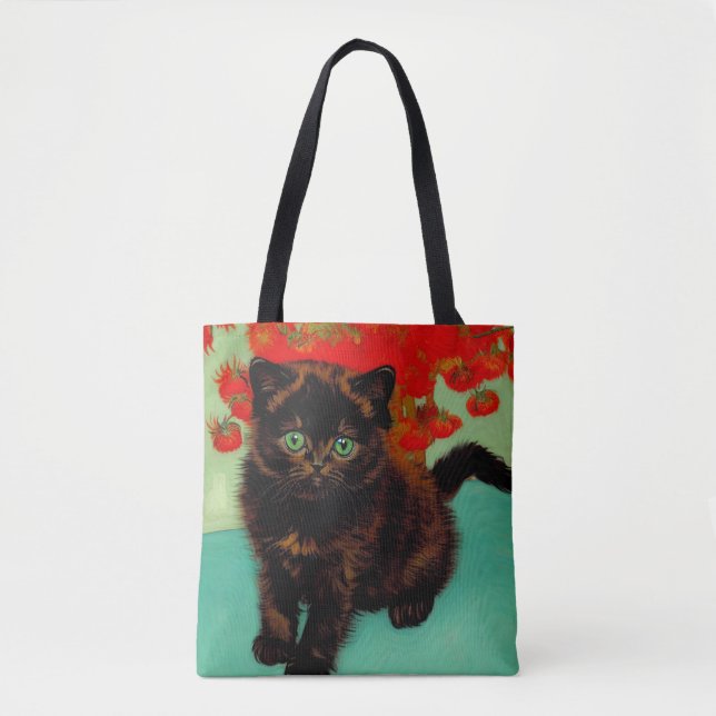 Van Gogh Black Cat Red Flowers Tote Bag (Front)