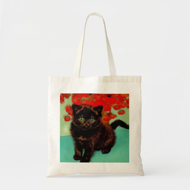 Van Gogh Black Cat Red Flowers Tote Bag (Front)