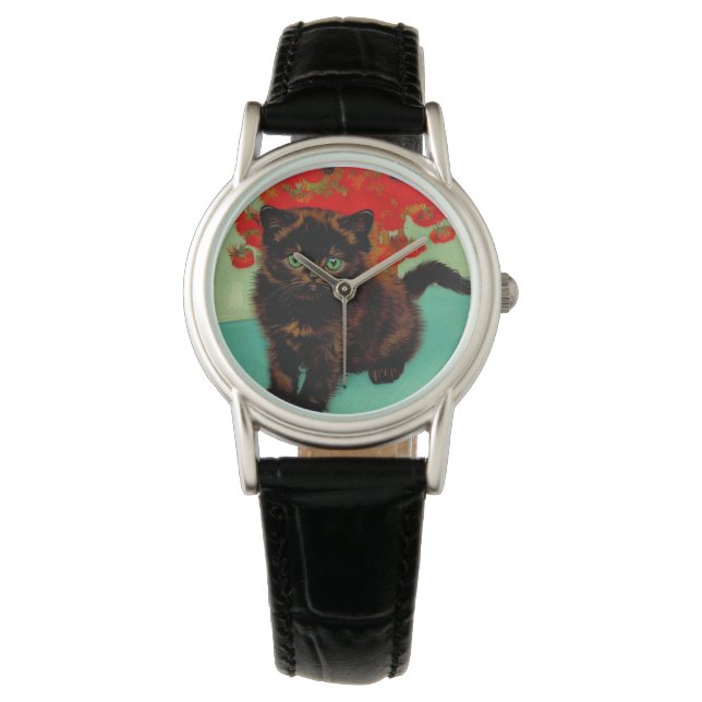 Van Gogh Black Cat Red Flowers Watch (Front)