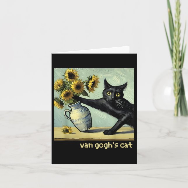 Van Gogh Black Cat With Sunflowers Funny Cat Paint Card (Front)