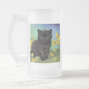 Van Gogh Black Cat Yellow Flowers Frosted Glass Beer Mug