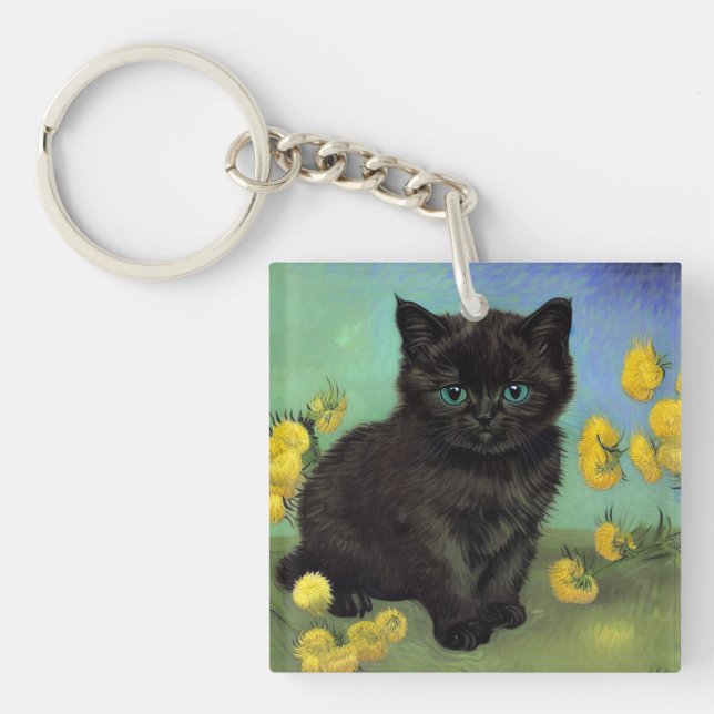 Van Gogh Black Cat Yellow Flowers Key Ring (Front)