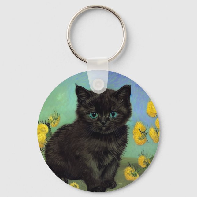Van Gogh Black Cat Yellow Flowers Key Ring (Front)