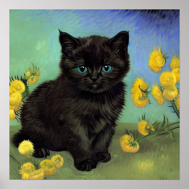 Van Gogh Black Cat Yellow Flowers Poster (Front)