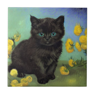 Van Gogh Black Cat Yellow Flowers Tile