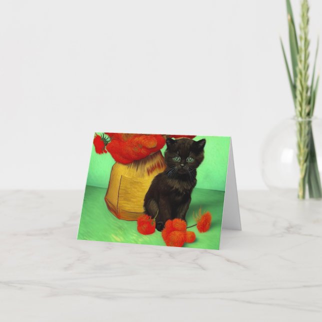 Van Gogh Black Kitten Red Flowers Announcement (Front)
