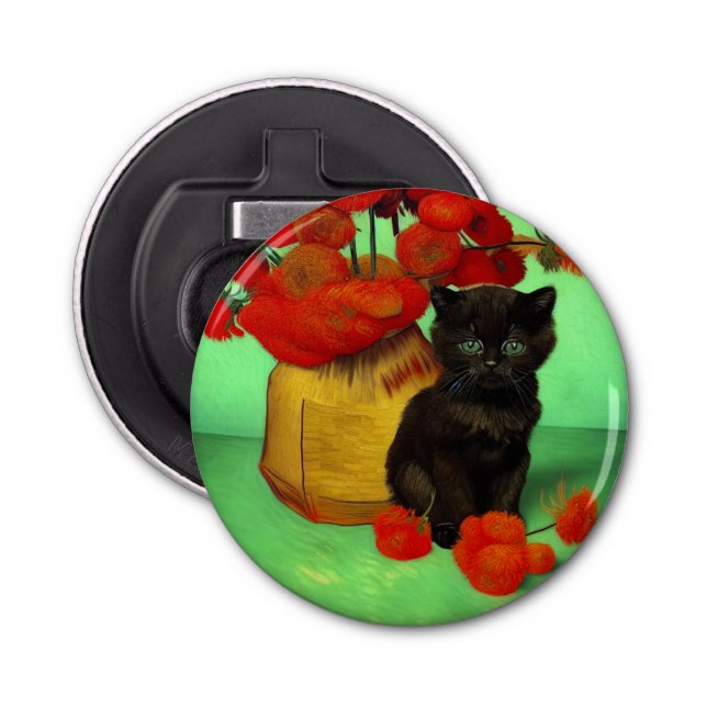 Van Gogh Black Kitten Red Flowers Bottle Opener (Front)