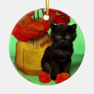 Van Gogh Black Kitten Red Flowers Ceramic Tree Decoration