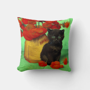 Van Gogh Black Kitten Red Flowers Cushion