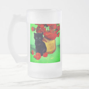 Van Gogh Black Kitten Red Flowers Frosted Glass Beer Mug