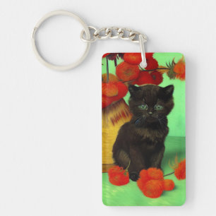 Van Gogh Black Kitten Red Flowers Key Ring