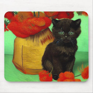Van Gogh Black Kitten Red Flowers Mouse Mat