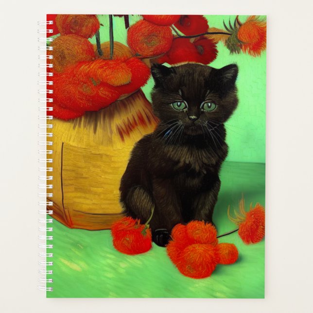 Van Gogh Black Kitten Red Flowers Planner (Front)