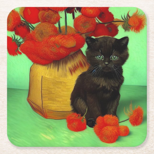 Van Gogh Black Kitten Red Flowers Square Paper Coaster (Front)