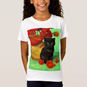 Van Gogh Black Kitten Red Flowers T-Shirt