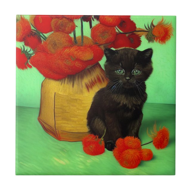 Van Gogh Black Kitten Red Flowers Tile (Front)