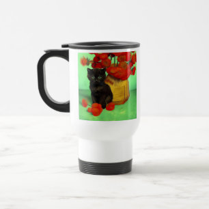 Van Gogh Black Kitten Red Flowers Travel Mug