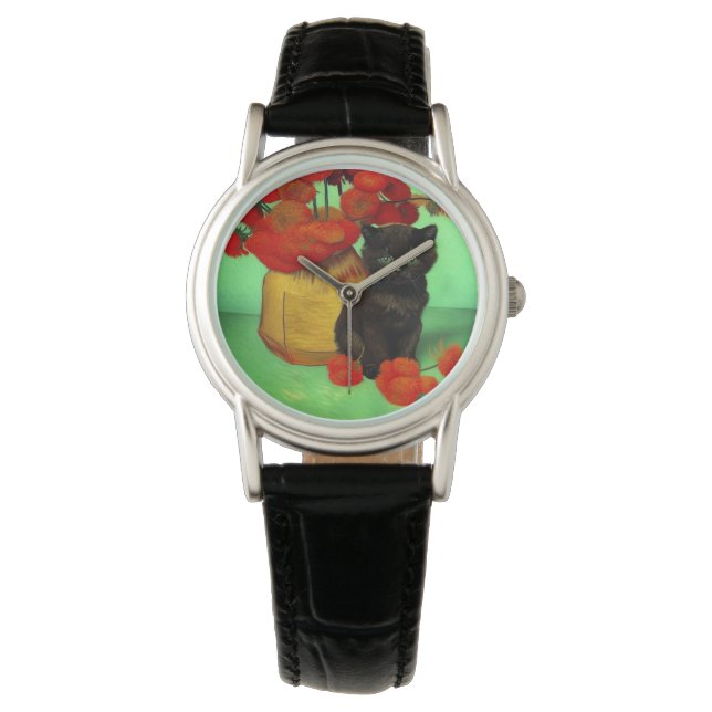 Van Gogh Black Kitten Red Flowers Watch (Front)