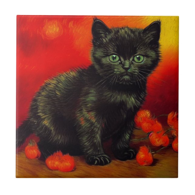 Van Gogh Black Kitten Tile (Front)