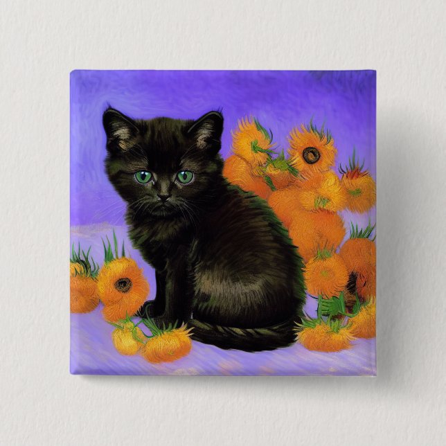Van Gogh Black Kitten with Sunflowers 15 Cm Square Badge (Front)