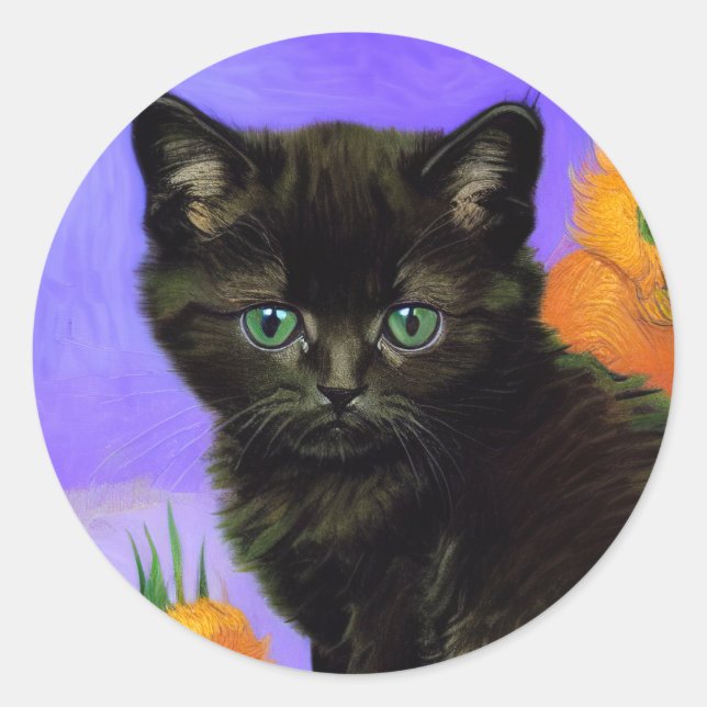Van Gogh Black Kitten with Sunflowers Classic Round Sticker (Front)