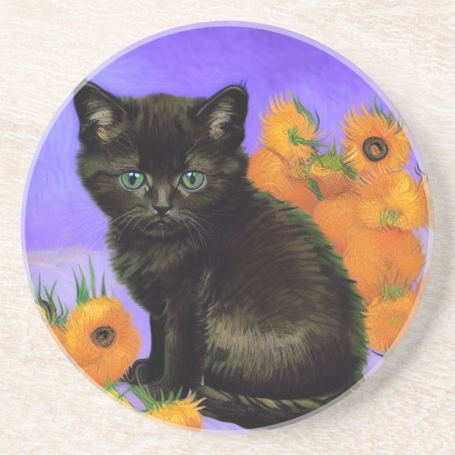 Van Gogh Black Kitten with Sunflowers Coaster (Front)
