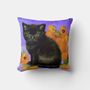 Van Gogh Black Kitten with Sunflowers Cushion