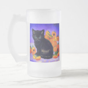 Van Gogh Black Kitten with Sunflowers Frosted Glass Beer Mug