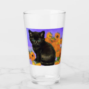 Van Gogh Black Kitten with Sunflowers Glass