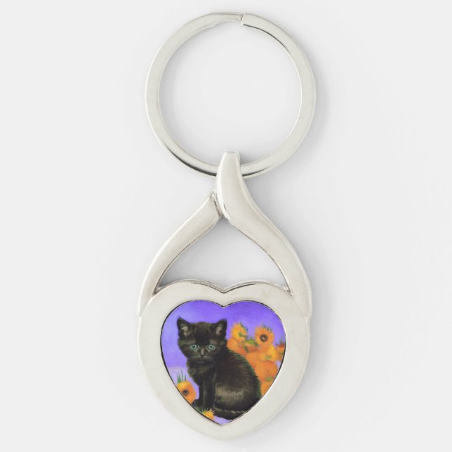Van Gogh Black Kitten with Sunflowers Key Ring (Front)